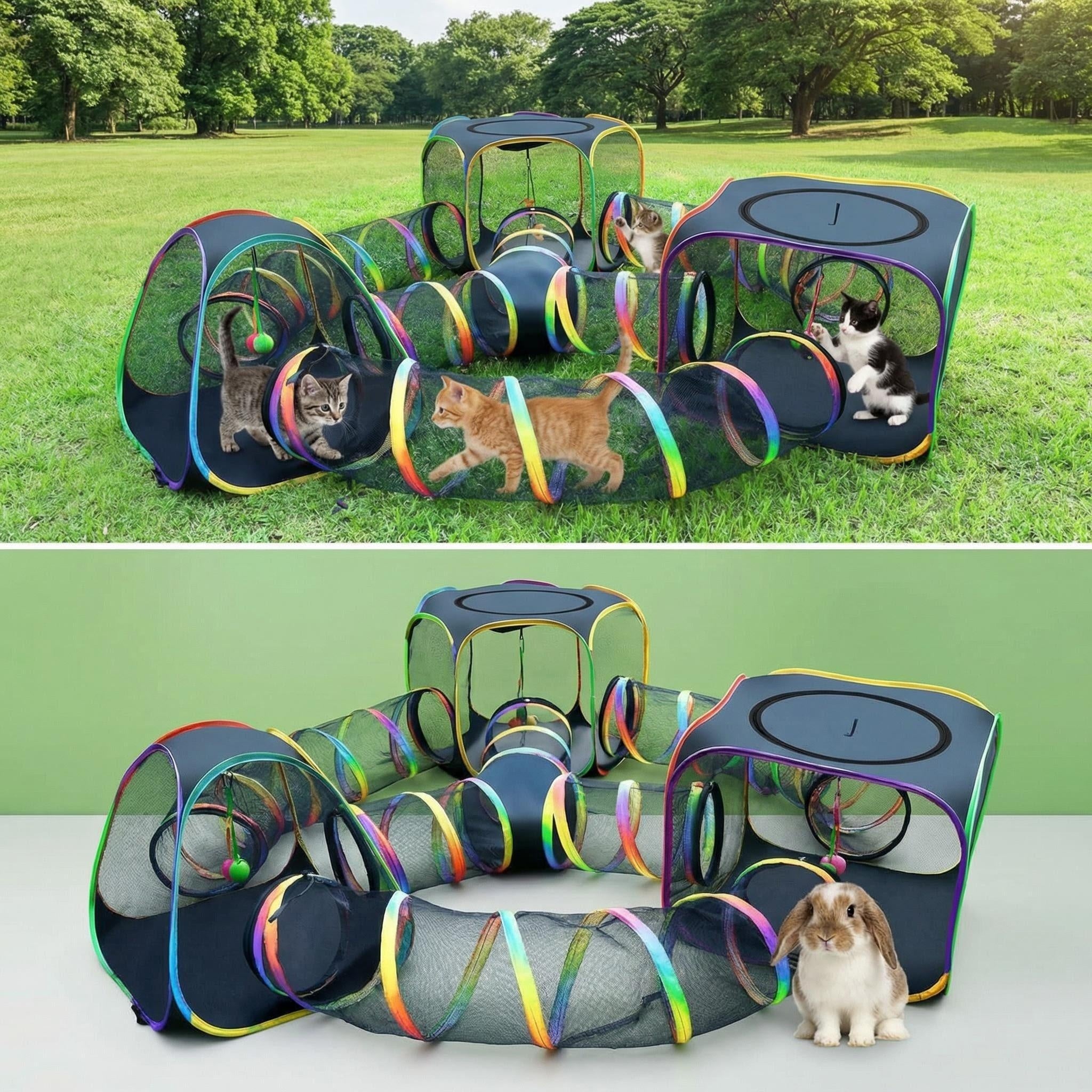 CypherX Outdoor Rainbow Cat Enclosure  7-in-1 Portable Cat Tent for Outdoor Play  Cage-Free Outdoor Pet Enclosure ️ Includes Cat Tunnel, Perfect for Indoor Cats & Small Animals