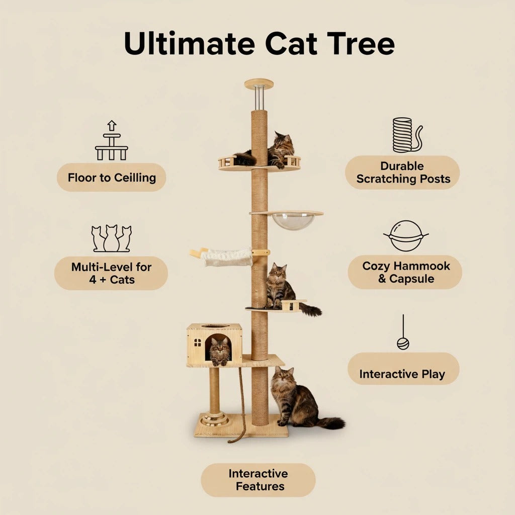 Post/Pedal/Hammock/Bubble Cat Bed,Height 82-117 inch, Adjustable Tall Cat Climbing Tree for Large Cats