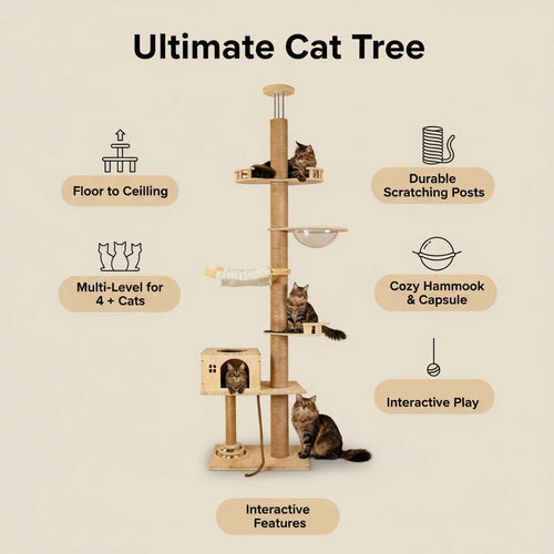 Post/Pedal/Hammock/Bubble Cat Bed,Height 82-117 inch, Adjustable Tall Cat Climbing Tree for Large Cats