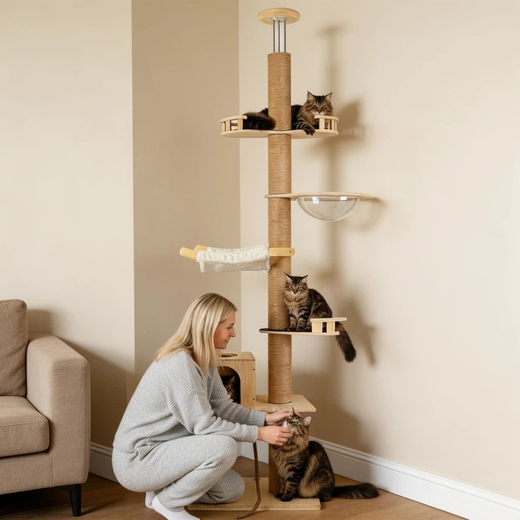 Post/Pedal/Hammock/Bubble Cat Bed,Height 82-117 inch, Adjustable Tall Cat Climbing Tree for Large Cats